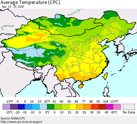 China, Mongolia and Taiwan Average Temperature (CPC) Thematic Map For 4/13/2020 - 4/19/2020