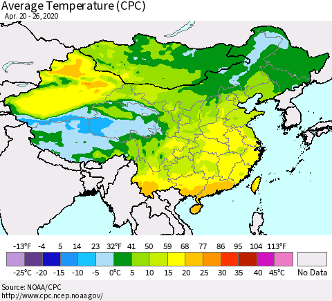 China, Mongolia and Taiwan Average Temperature (CPC) Thematic Map For 4/20/2020 - 4/26/2020
