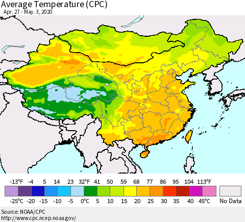 China, Mongolia and Taiwan Average Temperature (CPC) Thematic Map For 4/27/2020 - 5/3/2020