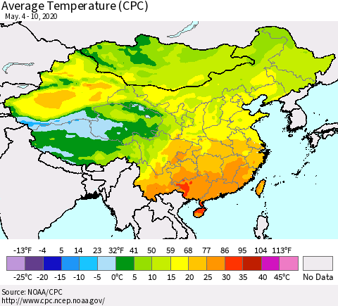 China, Mongolia and Taiwan Average Temperature (CPC) Thematic Map For 5/4/2020 - 5/10/2020