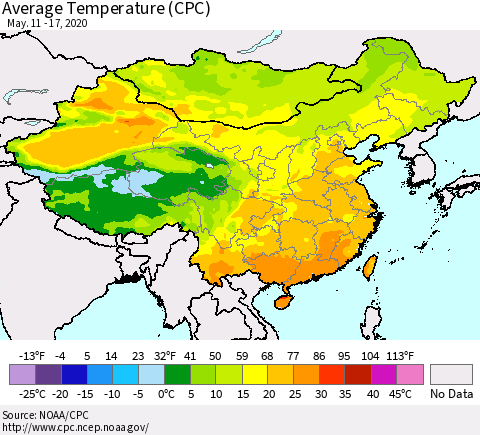 China, Mongolia and Taiwan Average Temperature (CPC) Thematic Map For 5/11/2020 - 5/17/2020