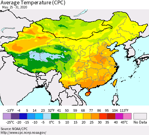 China, Mongolia and Taiwan Average Temperature (CPC) Thematic Map For 5/25/2020 - 5/31/2020