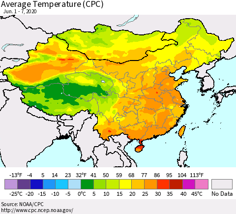 China, Mongolia and Taiwan Average Temperature (CPC) Thematic Map For 6/1/2020 - 6/7/2020