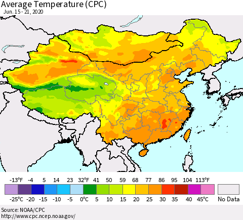 China, Mongolia and Taiwan Average Temperature (CPC) Thematic Map For 6/15/2020 - 6/21/2020