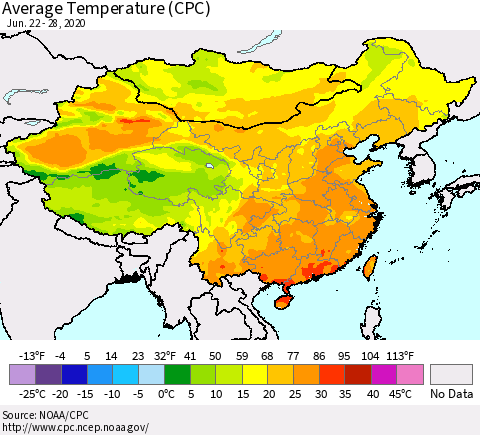 China, Mongolia and Taiwan Average Temperature (CPC) Thematic Map For 6/22/2020 - 6/28/2020