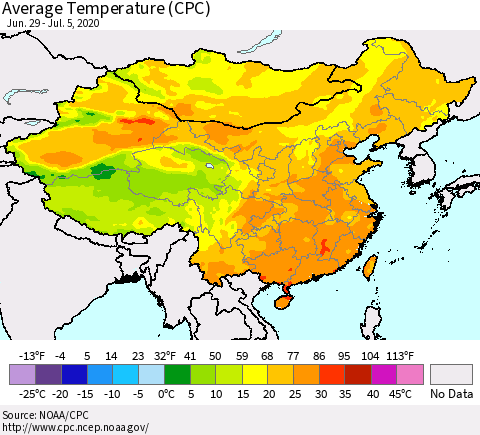 China, Mongolia and Taiwan Average Temperature (CPC) Thematic Map For 6/29/2020 - 7/5/2020