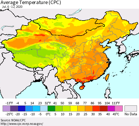 China, Mongolia and Taiwan Average Temperature (CPC) Thematic Map For 7/6/2020 - 7/12/2020