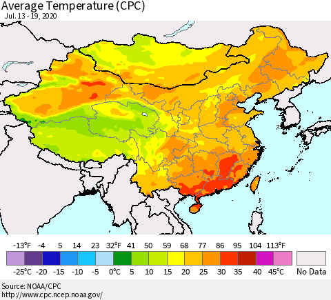 China, Mongolia and Taiwan Average Temperature (CPC) Thematic Map For 7/13/2020 - 7/19/2020