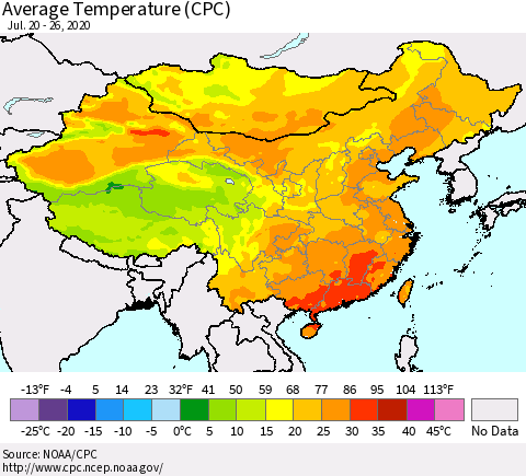 China, Mongolia and Taiwan Average Temperature (CPC) Thematic Map For 7/20/2020 - 7/26/2020