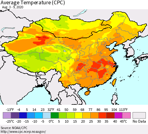 China, Mongolia and Taiwan Average Temperature (CPC) Thematic Map For 8/3/2020 - 8/9/2020