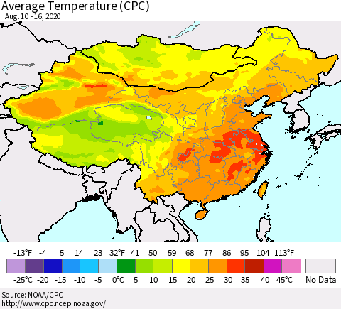 China, Mongolia and Taiwan Average Temperature (CPC) Thematic Map For 8/10/2020 - 8/16/2020