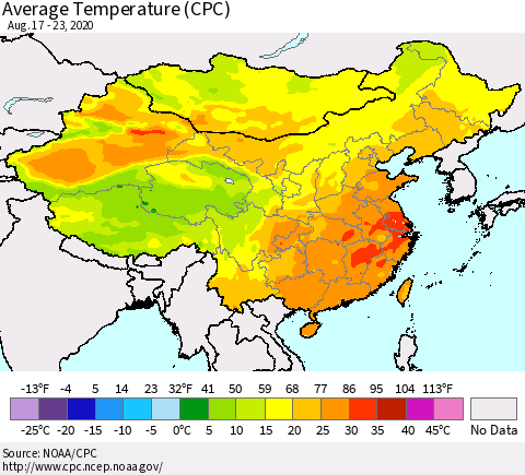 China, Mongolia and Taiwan Average Temperature (CPC) Thematic Map For 8/17/2020 - 8/23/2020