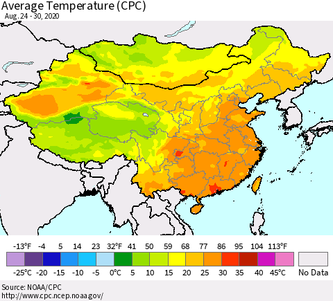 China, Mongolia and Taiwan Average Temperature (CPC) Thematic Map For 8/24/2020 - 8/30/2020