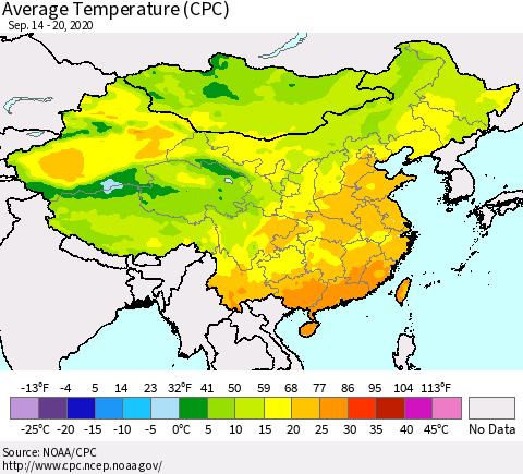 China, Mongolia and Taiwan Average Temperature (CPC) Thematic Map For 9/14/2020 - 9/20/2020