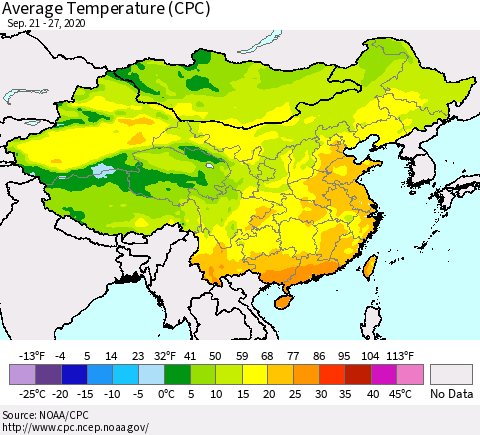 China, Mongolia and Taiwan Average Temperature (CPC) Thematic Map For 9/21/2020 - 9/27/2020
