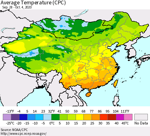 China, Mongolia and Taiwan Average Temperature (CPC) Thematic Map For 9/28/2020 - 10/4/2020