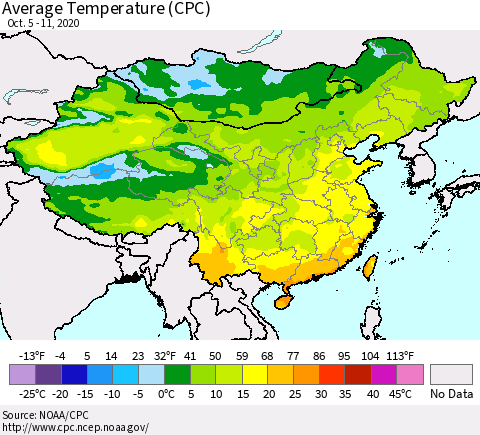 China, Mongolia and Taiwan Average Temperature (CPC) Thematic Map For 10/5/2020 - 10/11/2020