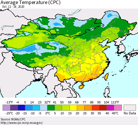 China, Mongolia and Taiwan Average Temperature (CPC) Thematic Map For 10/12/2020 - 10/18/2020