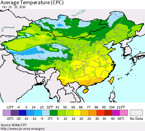 China, Mongolia and Taiwan Average Temperature (CPC) Thematic Map For 10/19/2020 - 10/25/2020