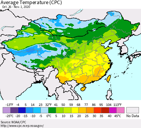 China, Mongolia and Taiwan Average Temperature (CPC) Thematic Map For 10/26/2020 - 11/1/2020