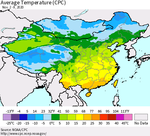 China, Mongolia and Taiwan Average Temperature (CPC) Thematic Map For 11/2/2020 - 11/8/2020