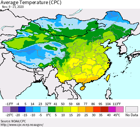 China, Mongolia and Taiwan Average Temperature (CPC) Thematic Map For 11/9/2020 - 11/15/2020