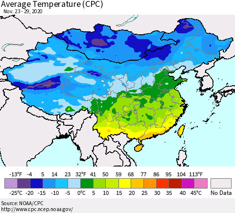 China, Mongolia and Taiwan Average Temperature (CPC) Thematic Map For 11/23/2020 - 11/29/2020