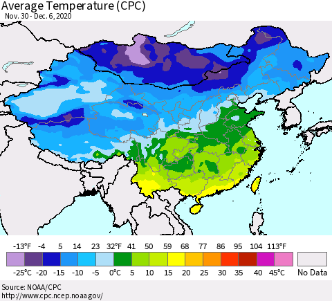 China, Mongolia and Taiwan Average Temperature (CPC) Thematic Map For 11/30/2020 - 12/6/2020