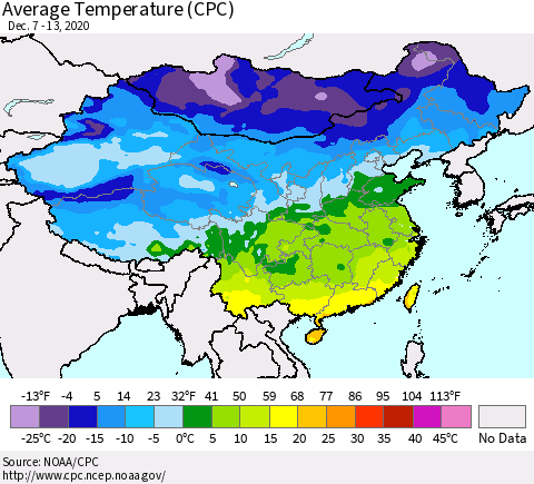 China, Mongolia and Taiwan Average Temperature (CPC) Thematic Map For 12/7/2020 - 12/13/2020
