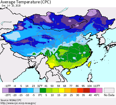 China, Mongolia and Taiwan Average Temperature (CPC) Thematic Map For 12/14/2020 - 12/20/2020