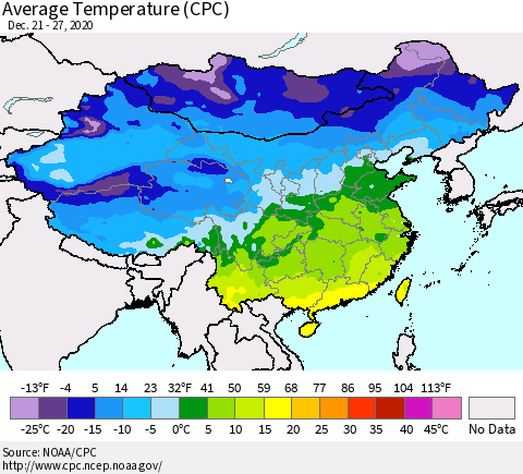 China, Mongolia and Taiwan Average Temperature (CPC) Thematic Map For 12/21/2020 - 12/27/2020