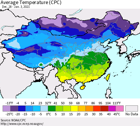 China, Mongolia and Taiwan Average Temperature (CPC) Thematic Map For 12/28/2020 - 1/3/2021
