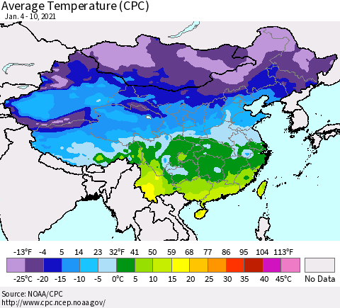 China, Mongolia and Taiwan Average Temperature (CPC) Thematic Map For 1/4/2021 - 1/10/2021