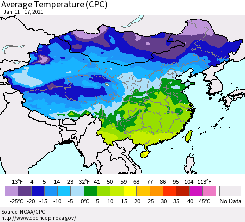 China, Mongolia and Taiwan Average Temperature (CPC) Thematic Map For 1/11/2021 - 1/17/2021
