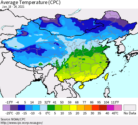 China, Mongolia and Taiwan Average Temperature (CPC) Thematic Map For 1/18/2021 - 1/24/2021