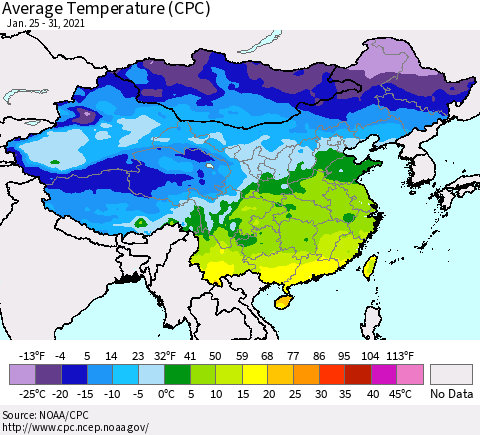 China, Mongolia and Taiwan Average Temperature (CPC) Thematic Map For 1/25/2021 - 1/31/2021