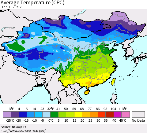 China, Mongolia and Taiwan Average Temperature (CPC) Thematic Map For 2/1/2021 - 2/7/2021