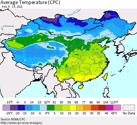 China, Mongolia and Taiwan Average Temperature (CPC) Thematic Map For 2/8/2021 - 2/14/2021
