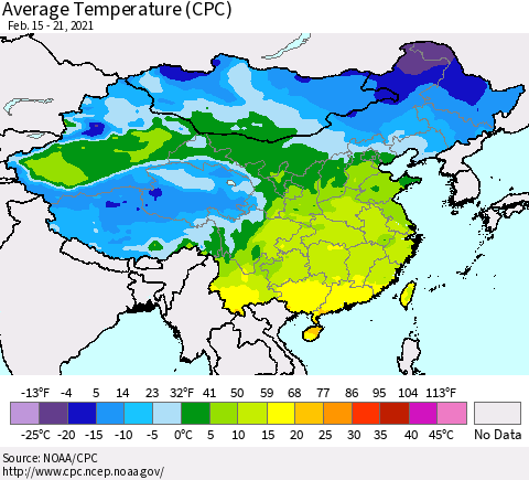 China, Mongolia and Taiwan Average Temperature (CPC) Thematic Map For 2/15/2021 - 2/21/2021