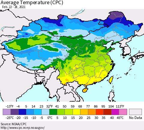 China, Mongolia and Taiwan Average Temperature (CPC) Thematic Map For 2/22/2021 - 2/28/2021