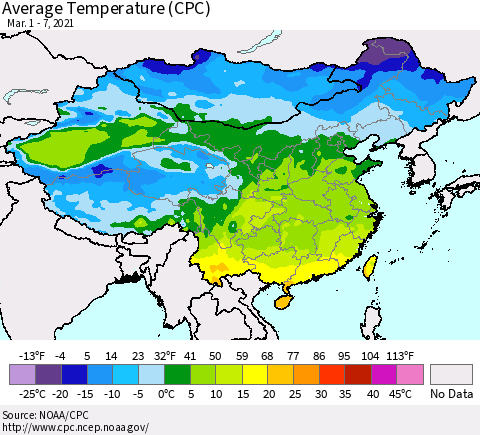 China, Mongolia and Taiwan Average Temperature (CPC) Thematic Map For 3/1/2021 - 3/7/2021
