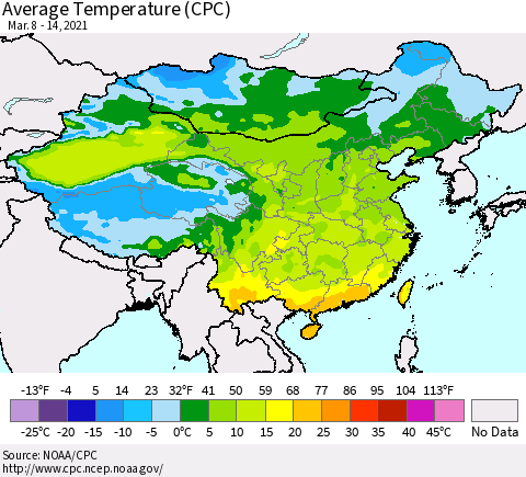 China, Mongolia and Taiwan Average Temperature (CPC) Thematic Map For 3/8/2021 - 3/14/2021
