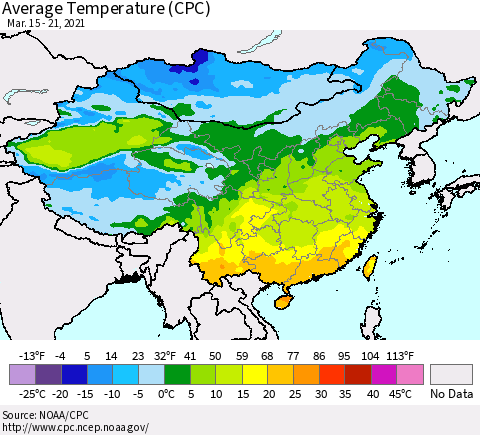 China, Mongolia and Taiwan Average Temperature (CPC) Thematic Map For 3/15/2021 - 3/21/2021