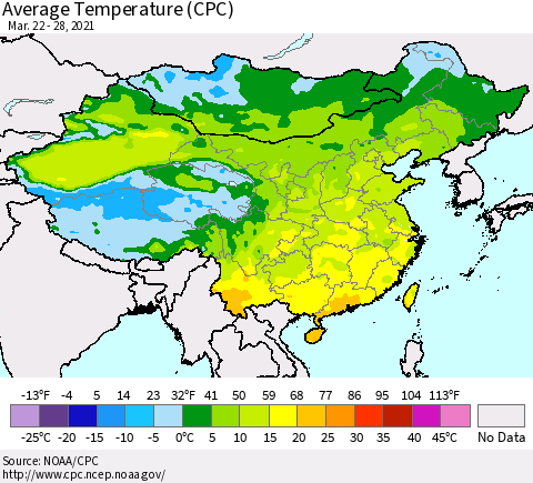 China, Mongolia and Taiwan Average Temperature (CPC) Thematic Map For 3/22/2021 - 3/28/2021