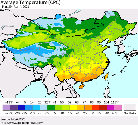 China, Mongolia and Taiwan Average Temperature (CPC) Thematic Map For 3/29/2021 - 4/4/2021