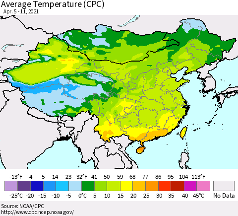 China, Mongolia and Taiwan Average Temperature (CPC) Thematic Map For 4/5/2021 - 4/11/2021