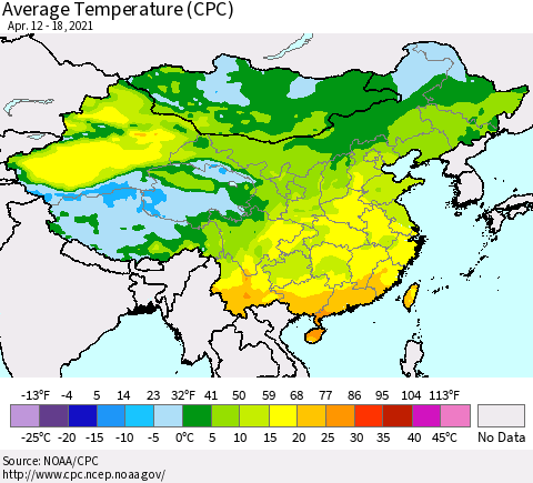 China, Mongolia and Taiwan Average Temperature (CPC) Thematic Map For 4/12/2021 - 4/18/2021