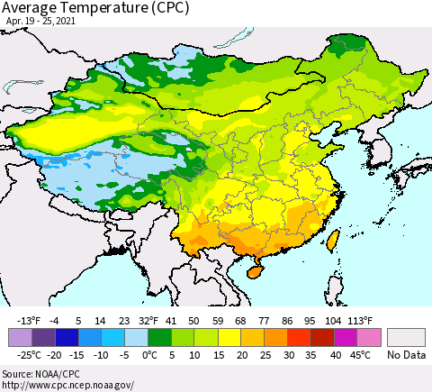 China, Mongolia and Taiwan Average Temperature (CPC) Thematic Map For 4/19/2021 - 4/25/2021