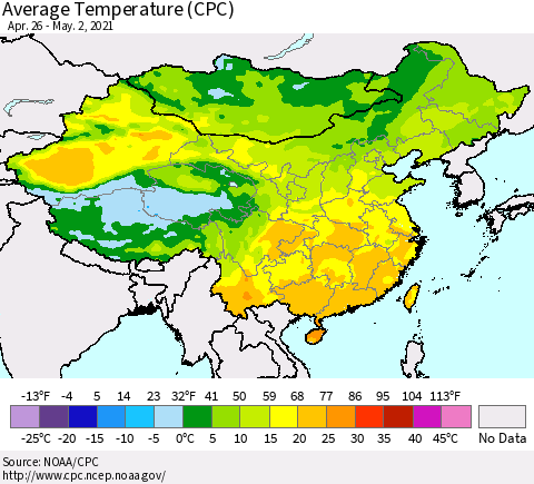 China, Mongolia and Taiwan Average Temperature (CPC) Thematic Map For 4/26/2021 - 5/2/2021