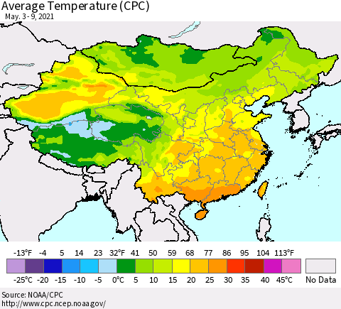 China, Mongolia and Taiwan Average Temperature (CPC) Thematic Map For 5/3/2021 - 5/9/2021